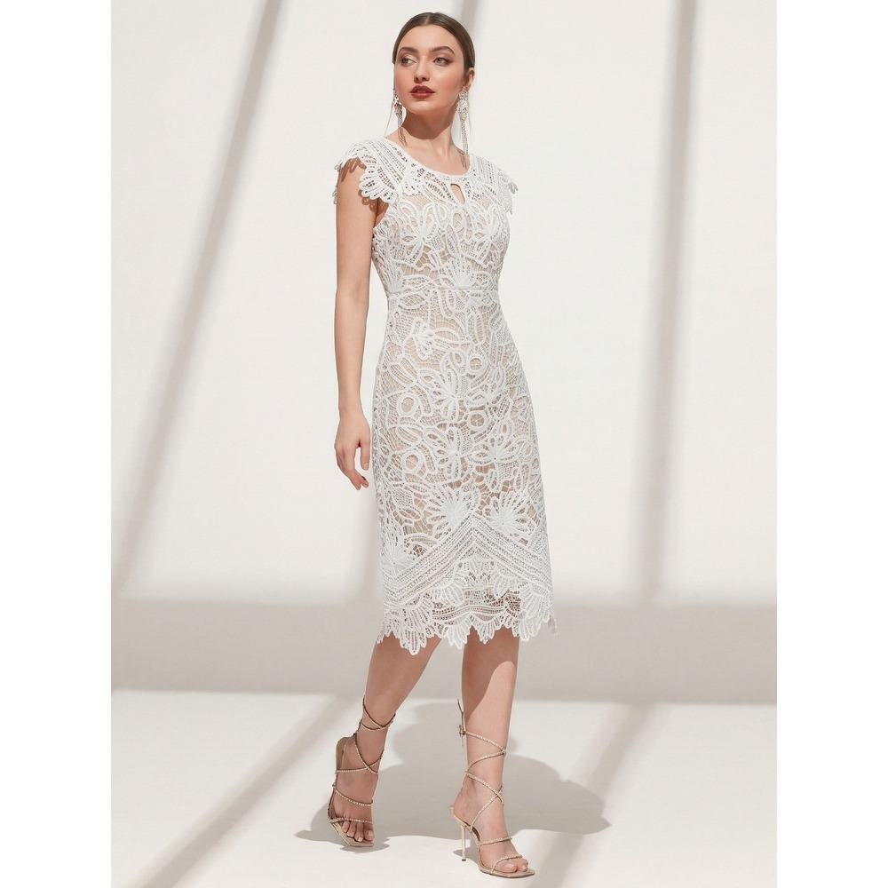 Soieblu White Guipure Lace Midi Sheath Dress Small Wedding Guest Bridal Nude